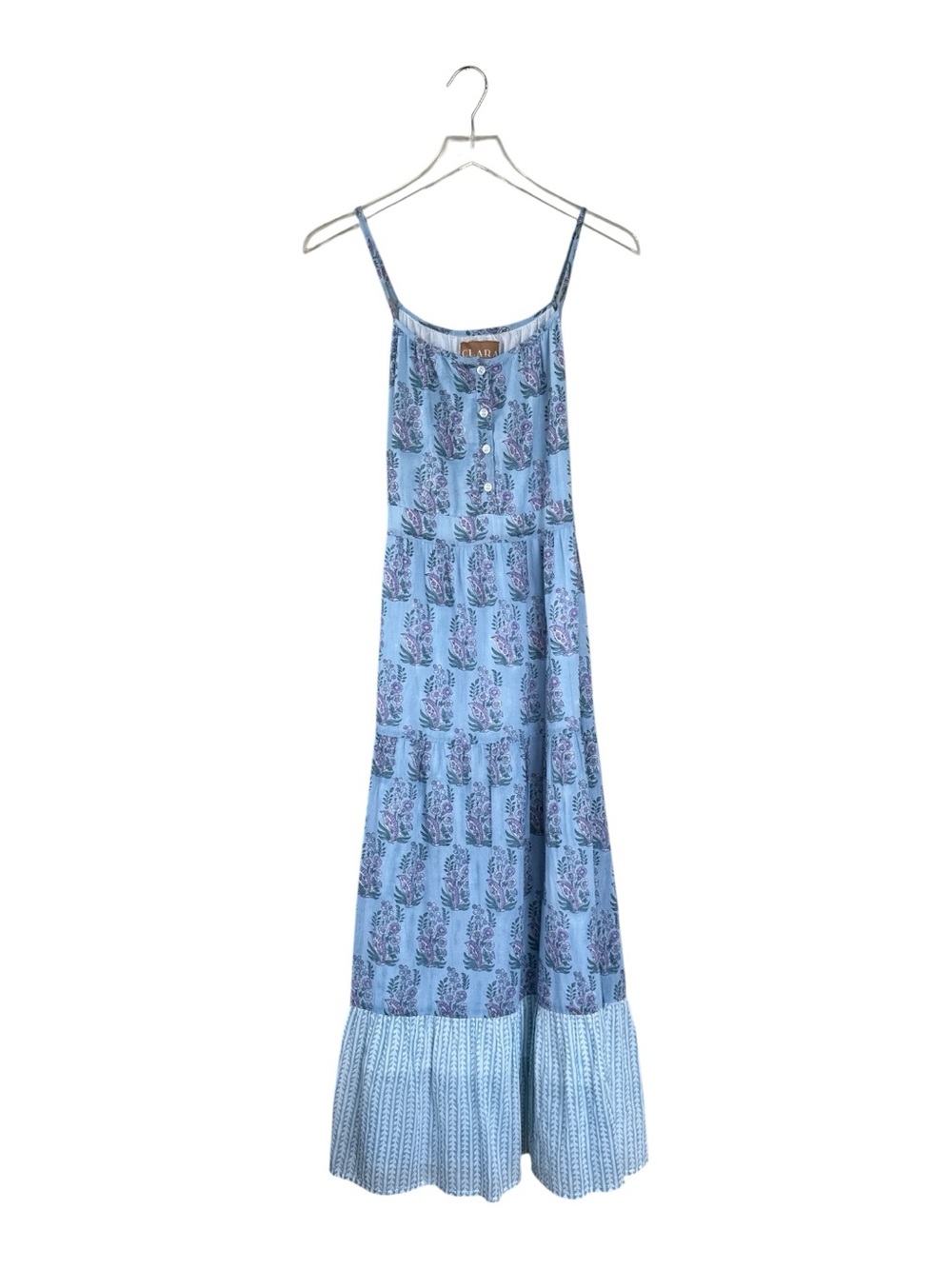 Clara The Label Blue Floral Block Print Cotton Maxi Dress Tie Back Boho Size L